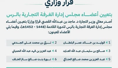 وزير التجارة يعيّن أعضاء مجلس إدارة الغرفة التجارية بالرس للدورة القادمة