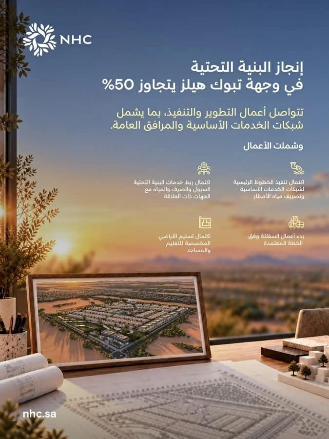 NHC تتجاوز 50% من أعمال البنية التحتية في وجهة تبوك هيلز